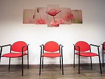 Wartezimmer mit roten Stühlen und Blumenbild an der Wand.